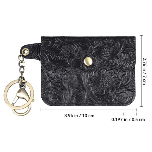 Genuine Leather Coin Purse & Card Holder Wallet with Keyring – Floral Embossed