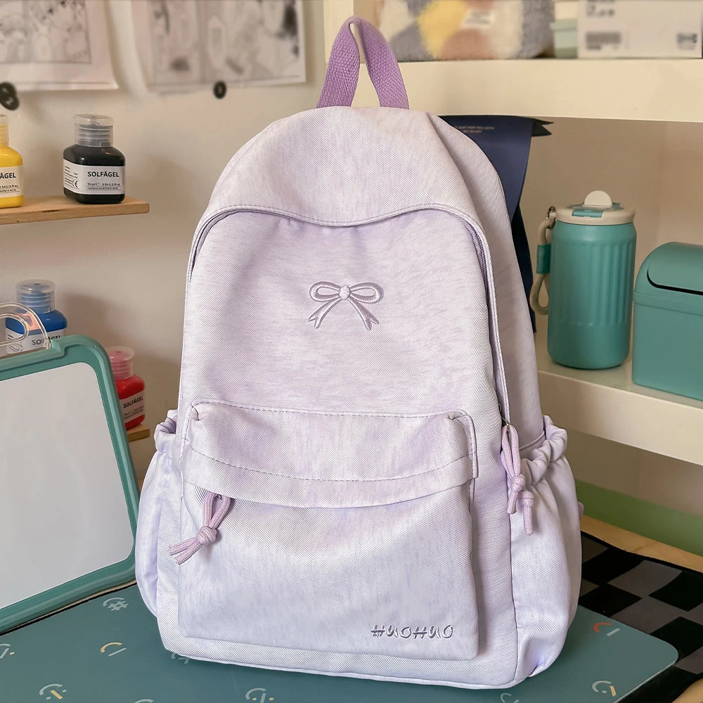 Bow Embroidery Pastel Backpack for Teen Girls – Cute School Bag