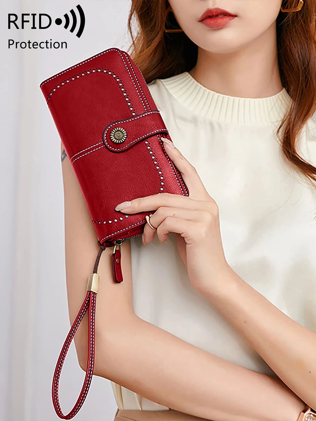 RFID Blocking Women's Trifold Long Wallet – Large Capacity Retro Leather Clutch