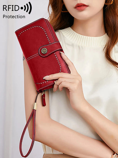 RFID Blocking Women's Trifold Long Wallet – Large Capacity Retro Leather Clutch