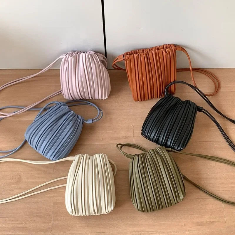 Pleated PU Leather Crossbody Bag – Mini Bucket Shoulder Bag for Women