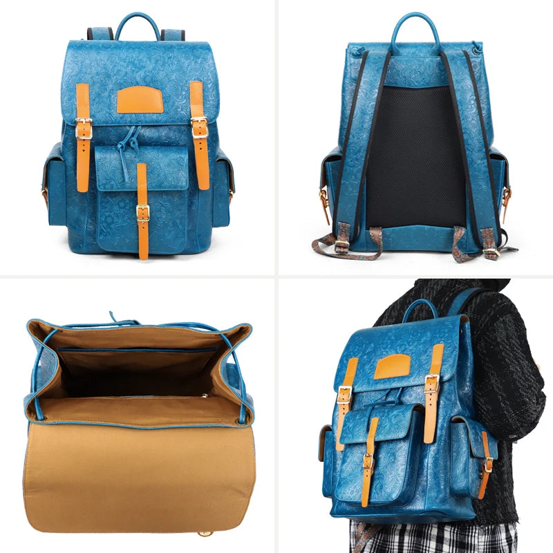 Genuine Leather Men's Backpack – Vintage Floral Embossed Laptop Bag