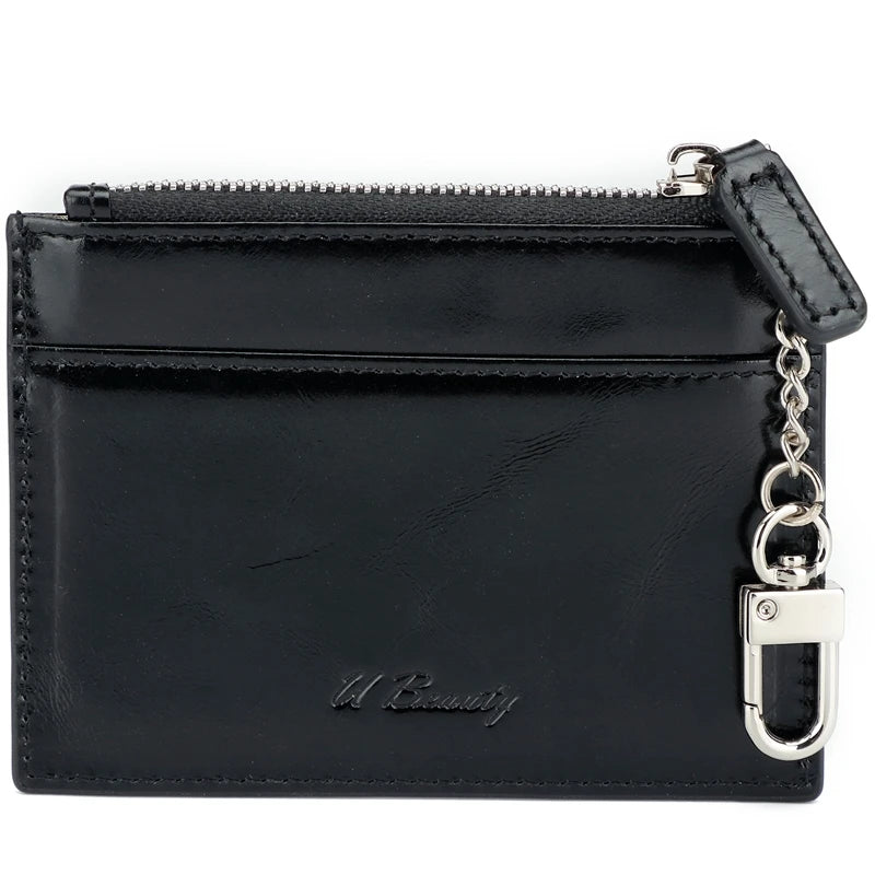Genuine Leather Zipper Coin Purse & Card Wallet with Key Clip