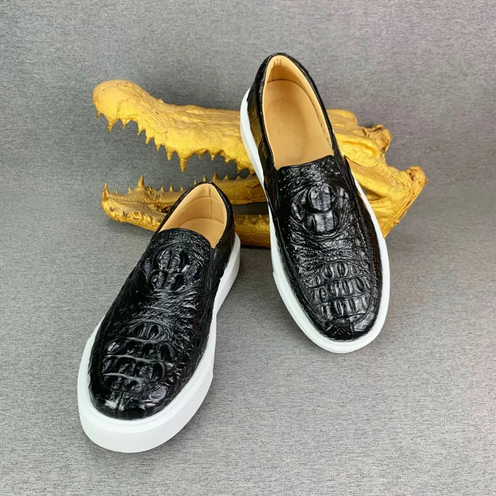 Crocodile Leather Men's Slip-On Loafers – Black Casual Flat Shoes