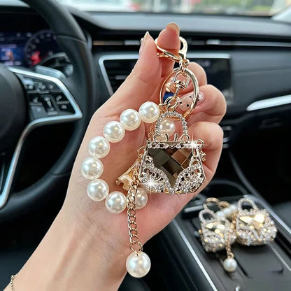 Crystal Rhinestone Keychain – Pearl Bead Handbag Charm Key Ring