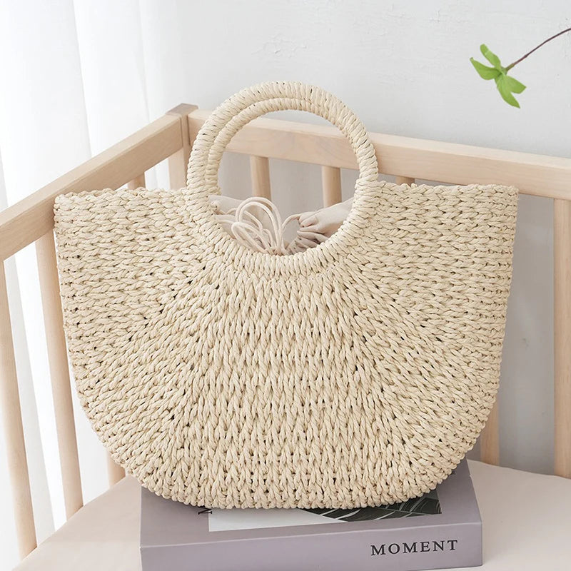 Large Half-Moon Straw Bag – Handmade Women Beach Basket Handbag