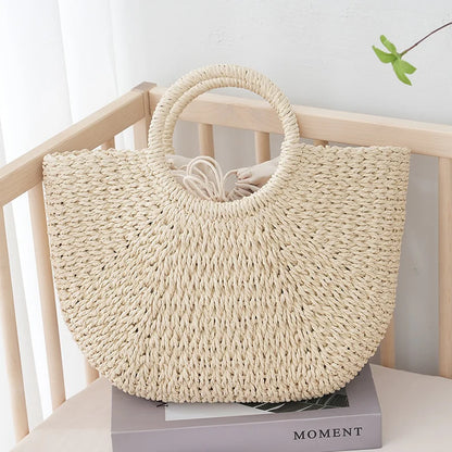 Large Half-Moon Straw Bag – Handmade Women Beach Basket Handbag