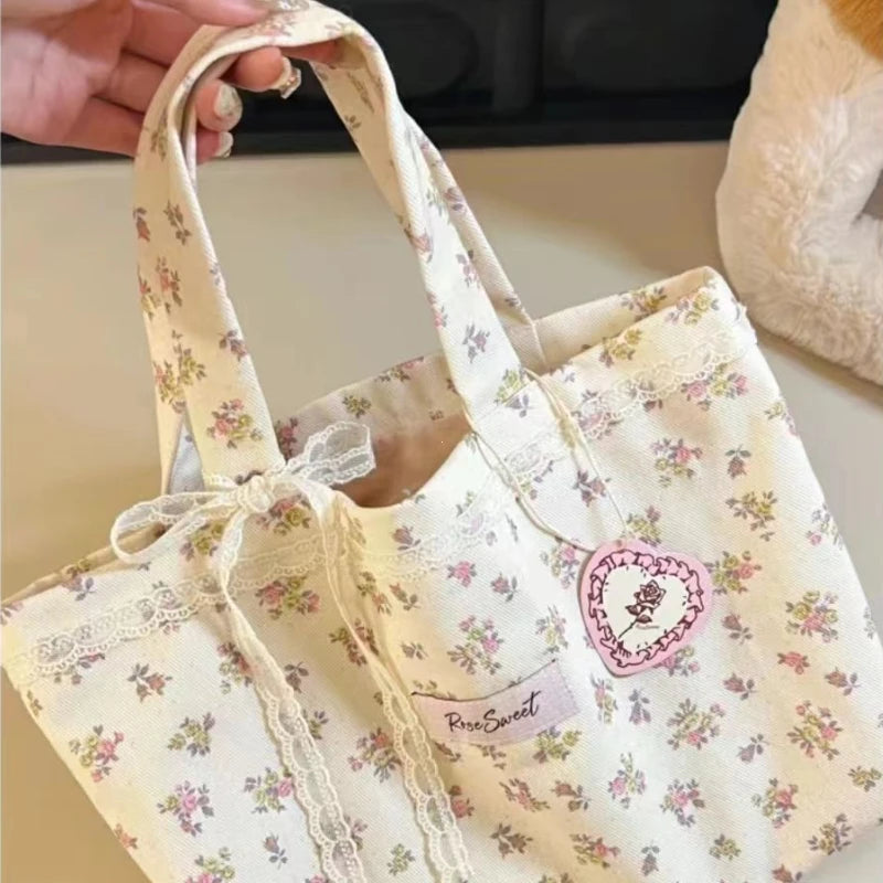 Large Capacity Floral Canvas Tote Bag with Lace Bow