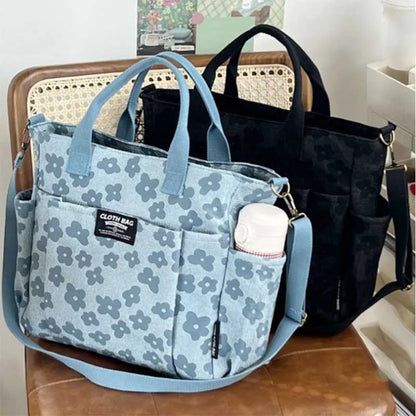 Floral Canvas Tote Bag – Large Laptop Shoulder Bag for Students