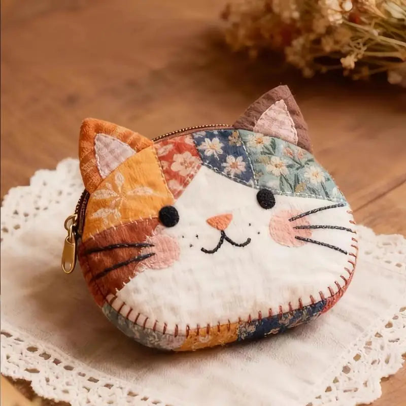 Cat Patchwork Coin Purse – Kawaii Zipper Pouch & Pen Bag