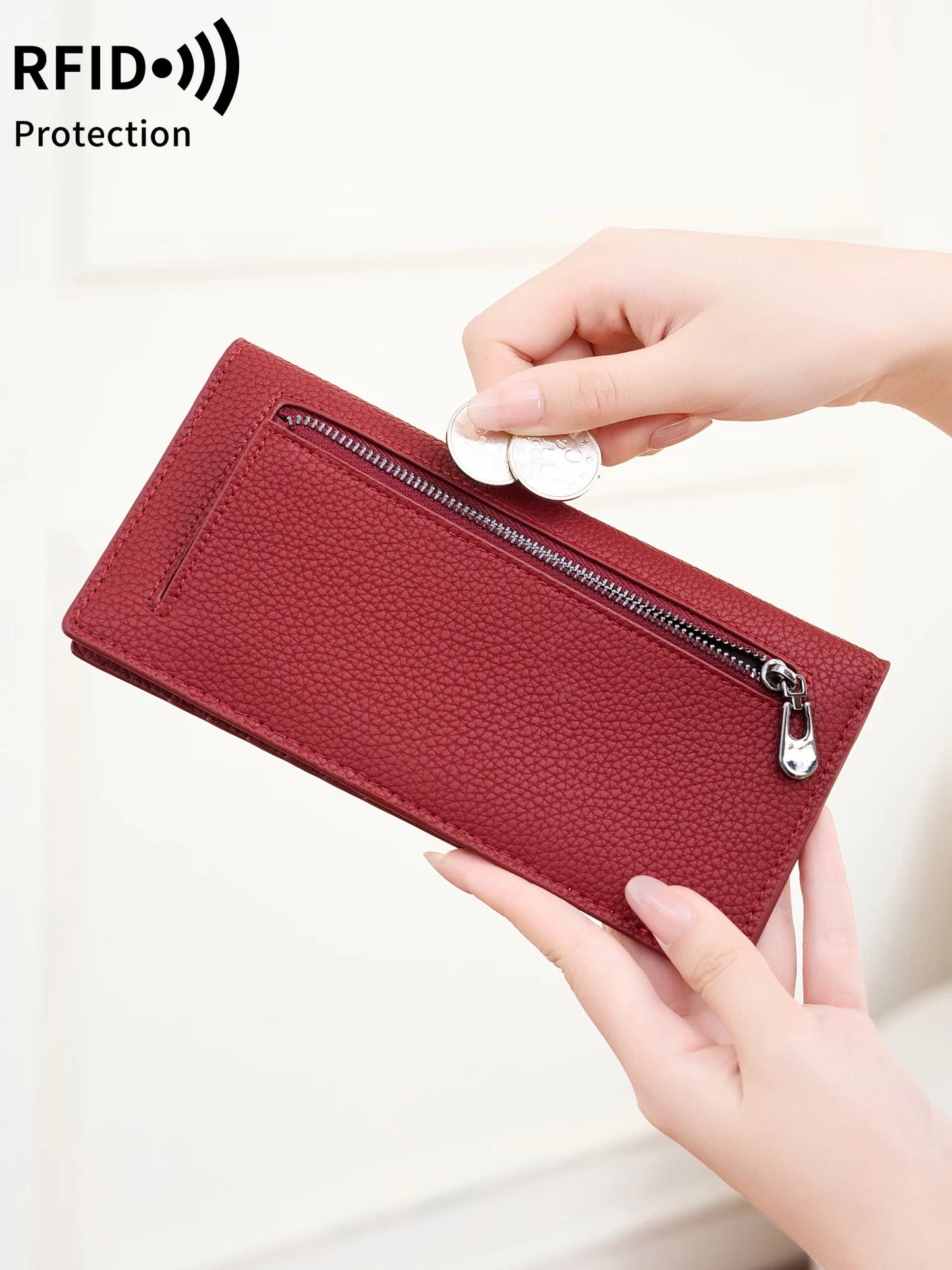 RFID Blocking Slim Bifold Wallet for Women with Zipper Coin Pocket