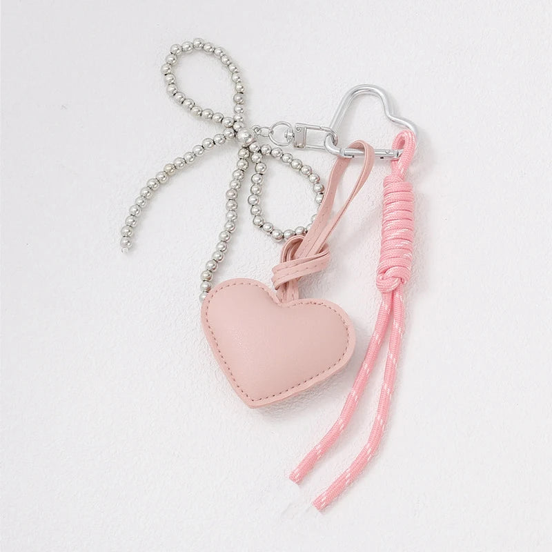 Heart Leather Rope Keychain Bag Charm with Bead Bow