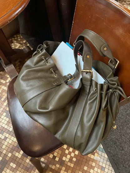 Large Capacity Leather Boston Bag – Women's Luxury Soft Crumpled Shoulder & Crossbody Handbag