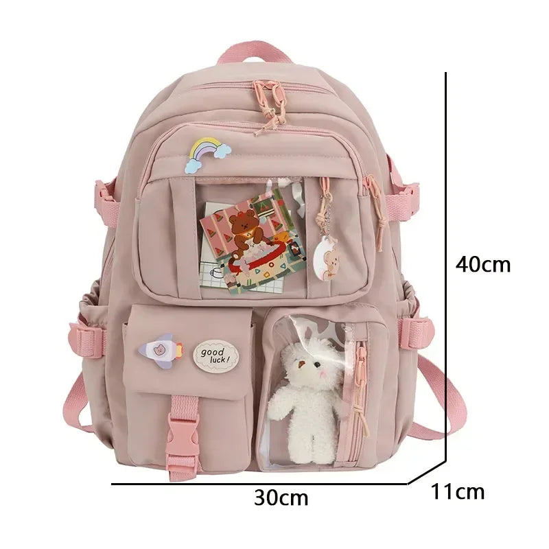 Kawaii Aesthetic Backpack for Teen Girls – Cute School Bag with Plush Pendant