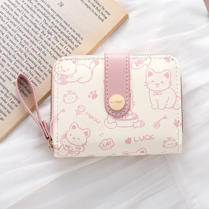 Cute Cat Print Short Wallet for Women – PU Leather Coin Purse