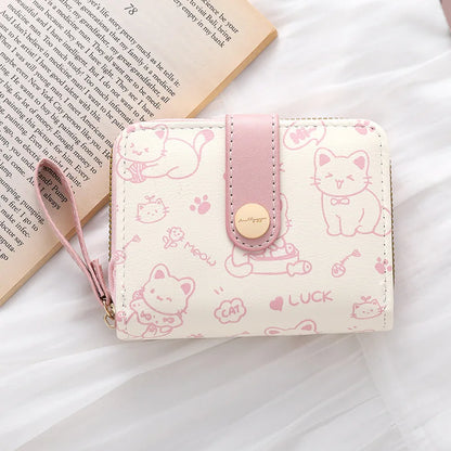 Cute Cat Print Short Wallet for Women – PU Leather Coin Purse
