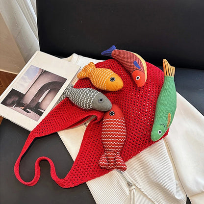 Fish Knit Tote Bag – Crochet Shoulder Bag with 3D Fish