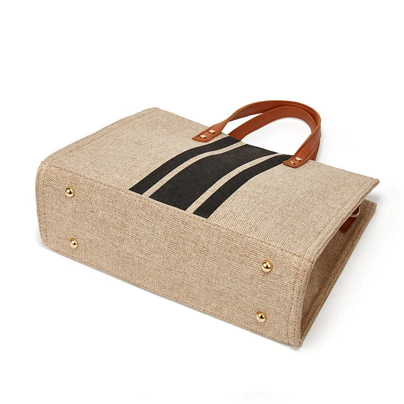 Large Capacity Women's Tote Bag – Striped Canvas Shoulder Handbag