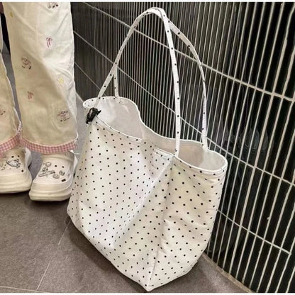 Polka Dot Canvas Tote Bag – Large Lightweight Korean Style Shoulder Bag
