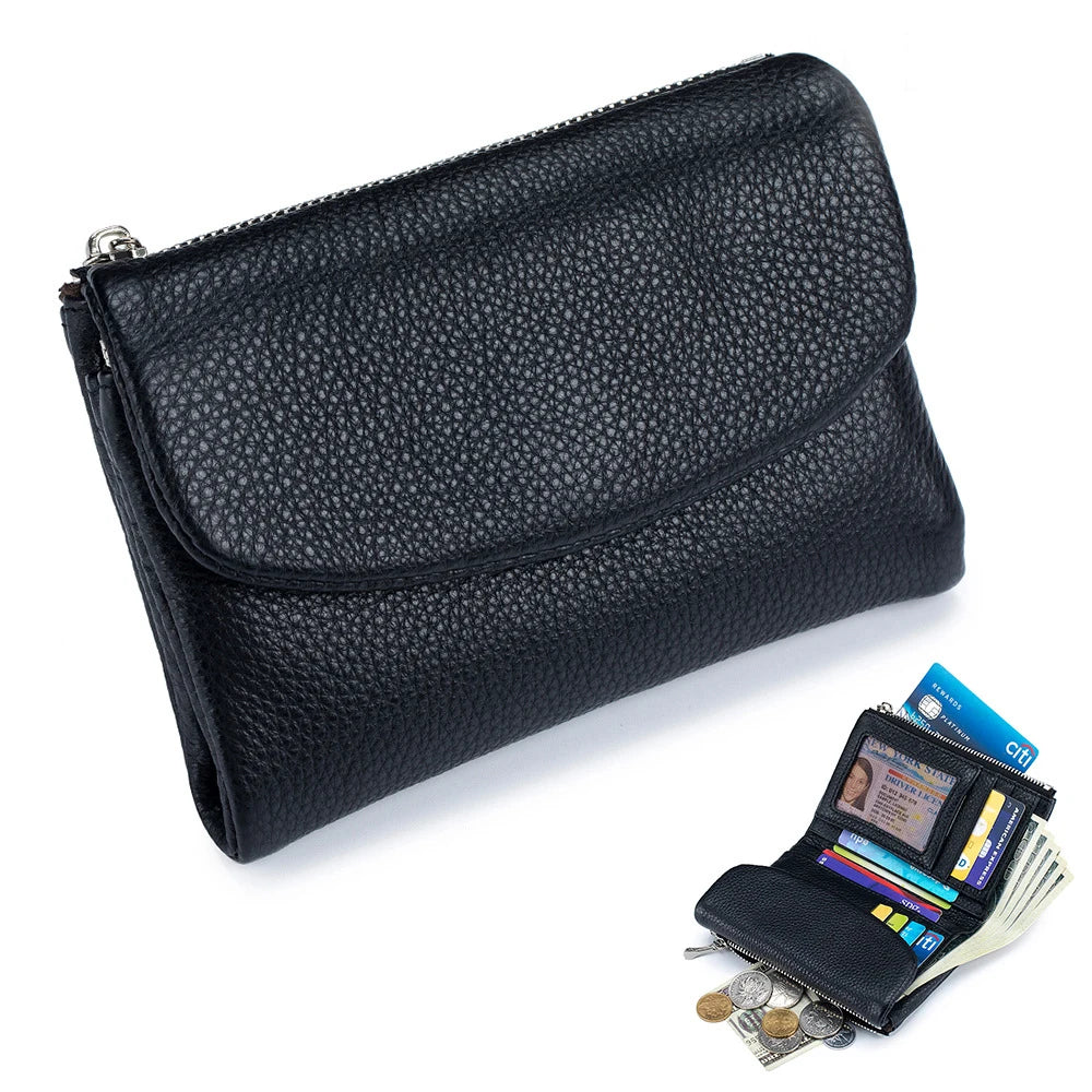 Metallic Genuine Leather Tri-Fold Women's Wallet Organizer Purse