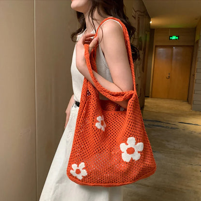 Flower Knit Hollow Tote Bag – Large Capacity Crochet Shoulder Bag for Women