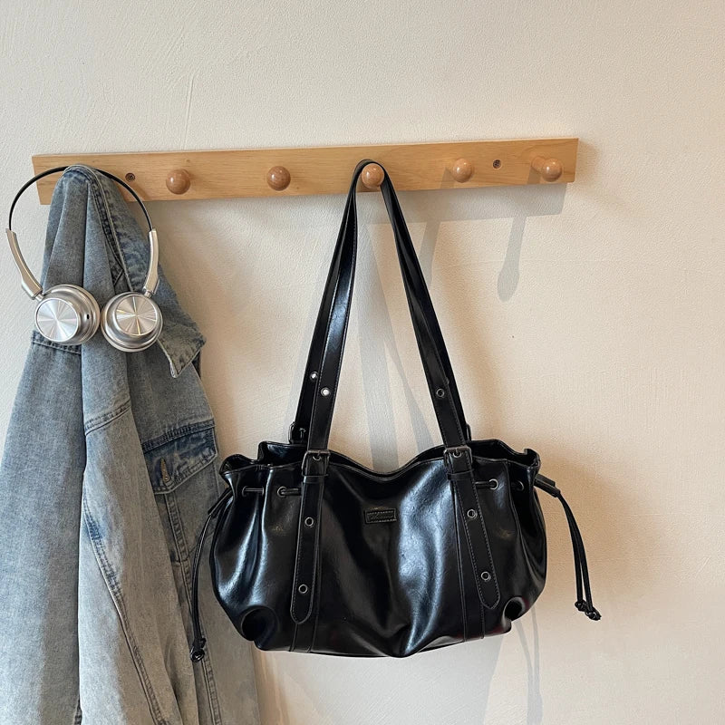 Moods Practical Big Shoulder Hobo Bags Women Soft Vegan Leather Drawstring Large Capacity Shopper