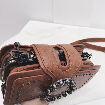 Studded Crossbody Bag – Punk Rhinestone Buckle Chain Shoulder Bag