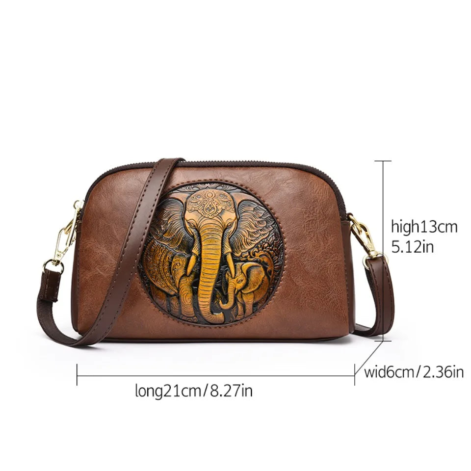 Vintage Elephant Embossed Leather Crossbody Bag for Women – Retro Messenger