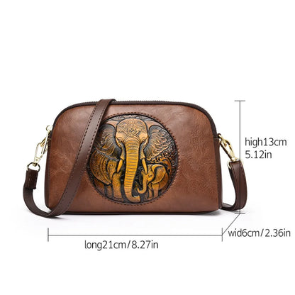 Vintage Elephant Embossed Leather Crossbody Bag for Women – Retro Messenger