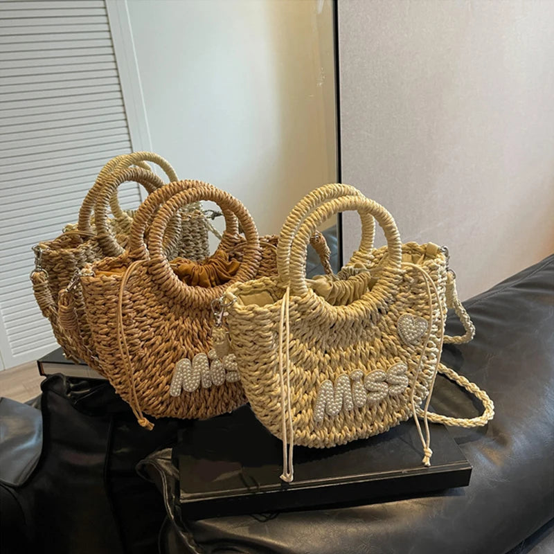 Round Straw Tote Bag – Pearl MISS Letter Woven Handbag
