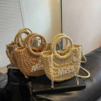 Round Straw Tote Bag – Pearl MISS Letter Woven Handbag