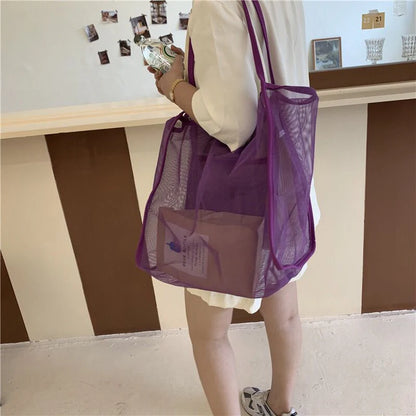 Mesh Tote Bag – Large Capacity Shoulder Bag for Beach, Travel & School