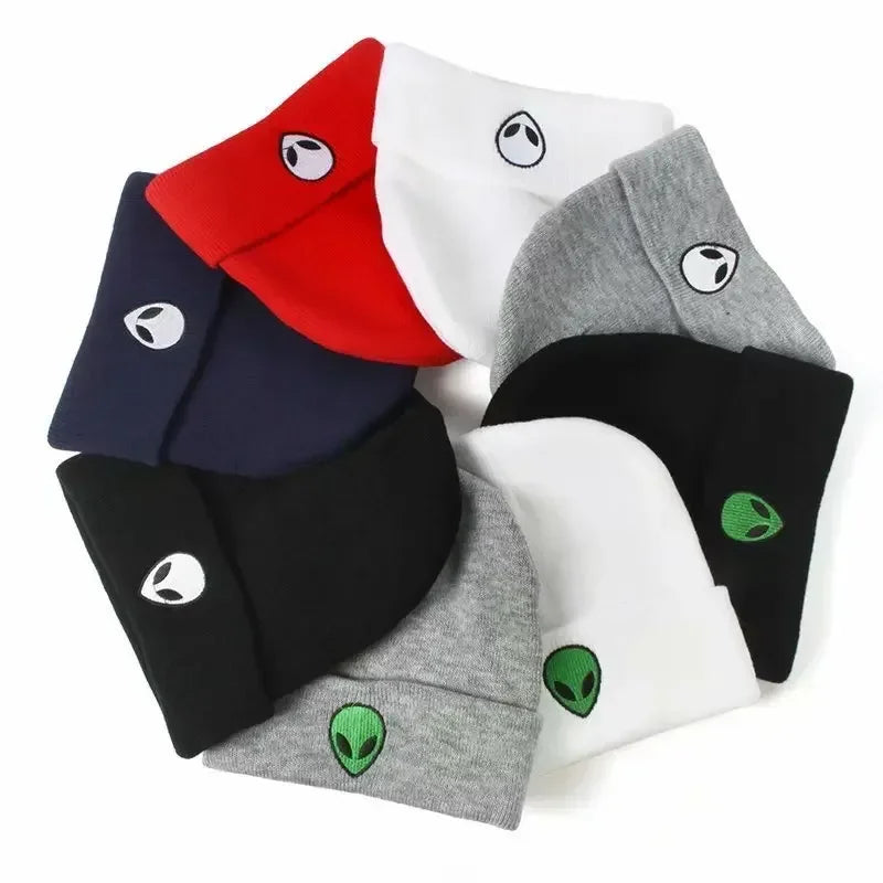 Knitted Beanie Hat with Alien Ghost Skull Embroidery