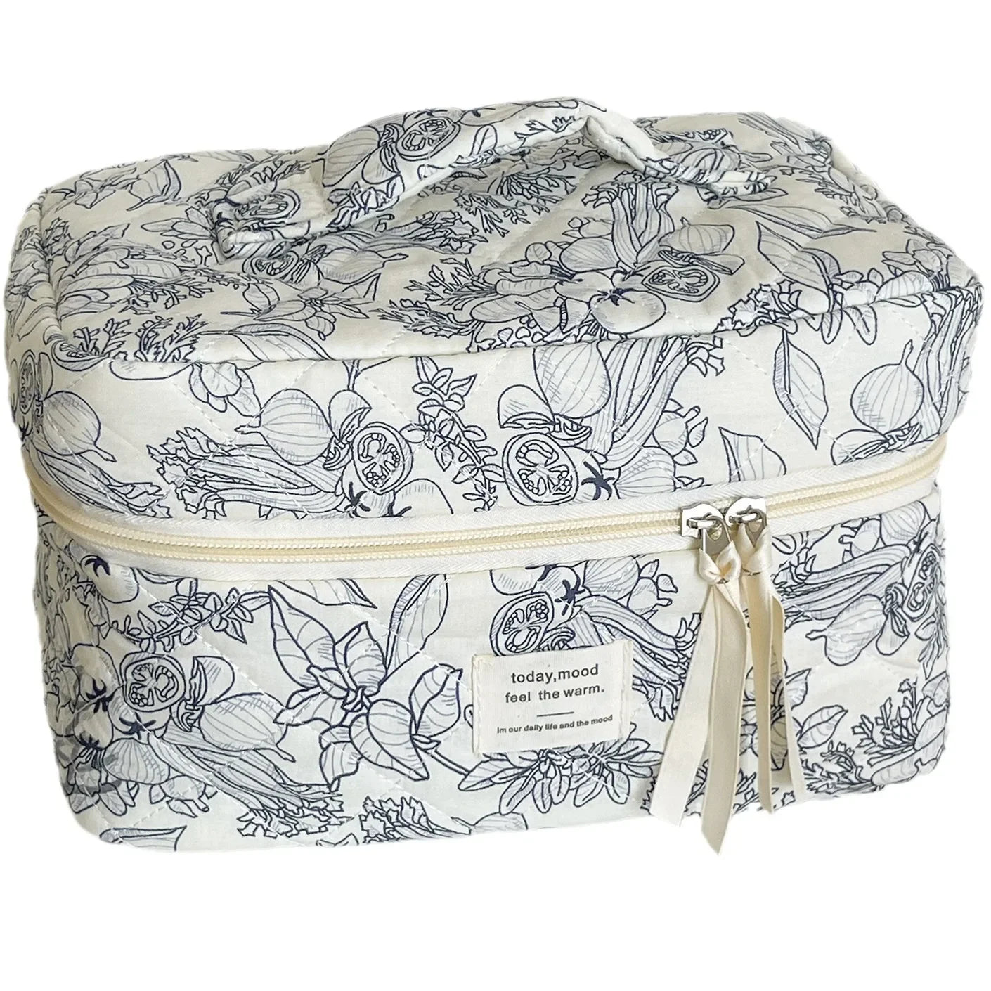 Quilted Floral Cotton Makeup Bag with Zipper