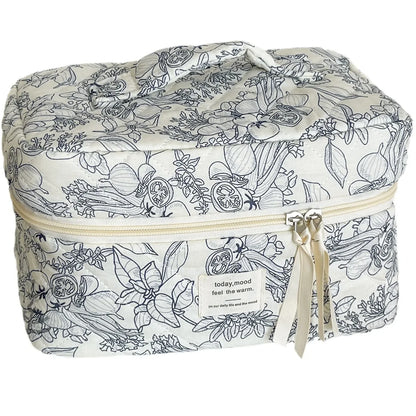 Quilted Floral Cotton Makeup Bag with Zipper