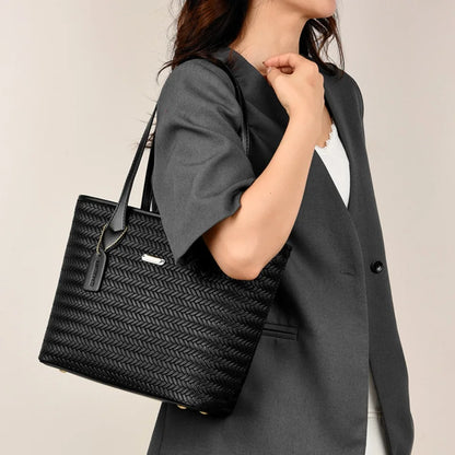 Women's Woven Texture Tote Bag – Large PU Leather Shoulder Work Bag