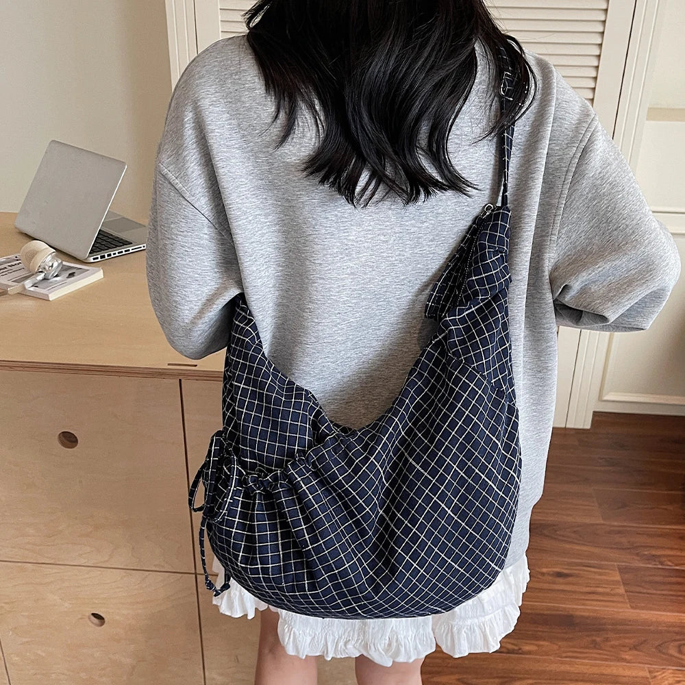 Large Canvas Plaid Shoulder Bag Pleated Hobo Crossbody Tote
