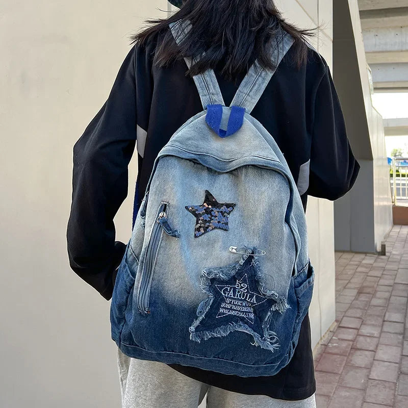 Denim Star Backpack – Y2K Korean Vintage Schoolbag