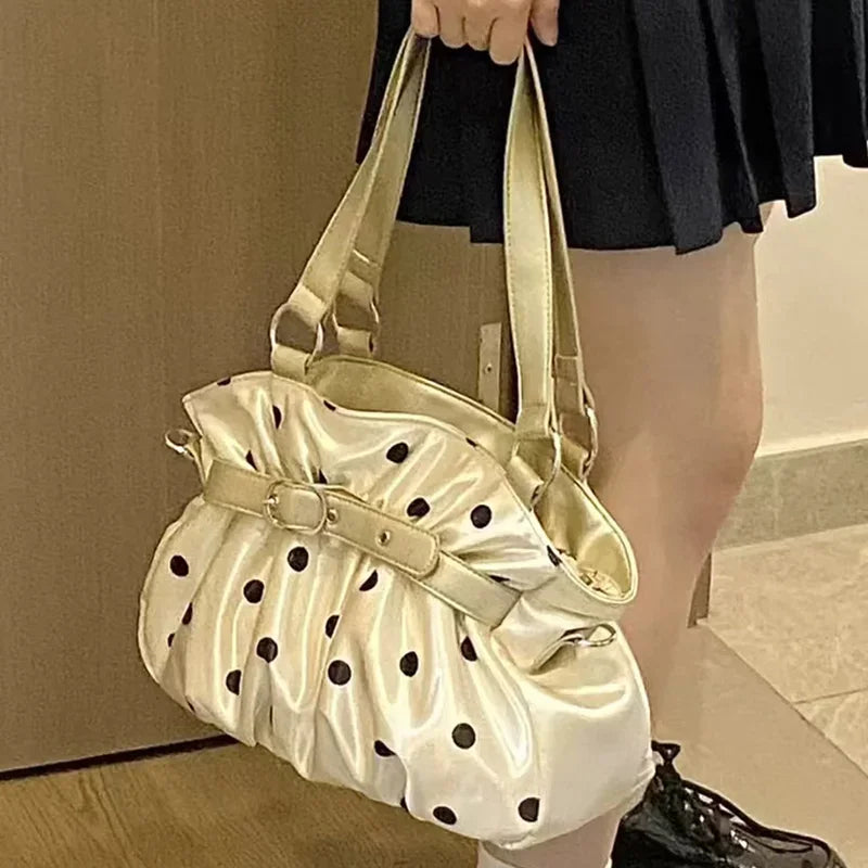 Y2K Polka Dot Shoulder Bag – Retro Satin Tote Handbag