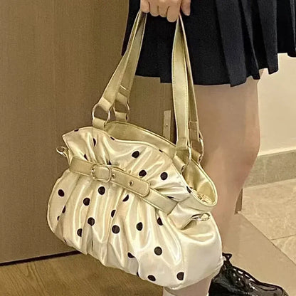 Y2K Polka Dot Shoulder Bag – Retro Satin Tote Handbag