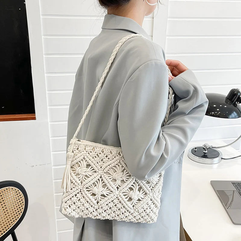 Handmade Straw Crossbody Bag – Women's Hollow Woven Shoulder Purse with Tassel