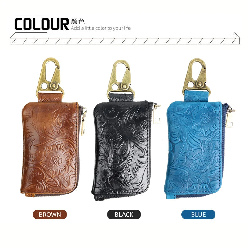 Leather Key Holder Organizer Wallet with Zipper