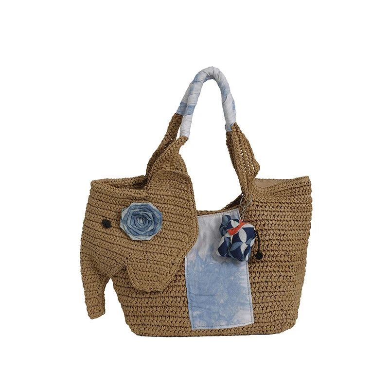 Elephant Woven Straw Tote Bag – Women's Handcrafted Summer Shoulder Bag