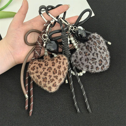 Leopard Heart Plush Keychain – Y2K Charm Bag Pendant for Women
