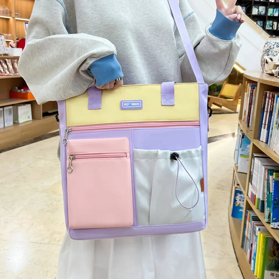 Color Block Crossbody Tote Bag – Large Waterproof School Bag