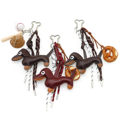 Dachshund Leather Bag Charm Keychain with Braided Rope & Chocolate Pendant