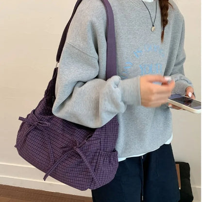 Retro Grid Shoulder Bag – Large Capacity Korean Crossbody