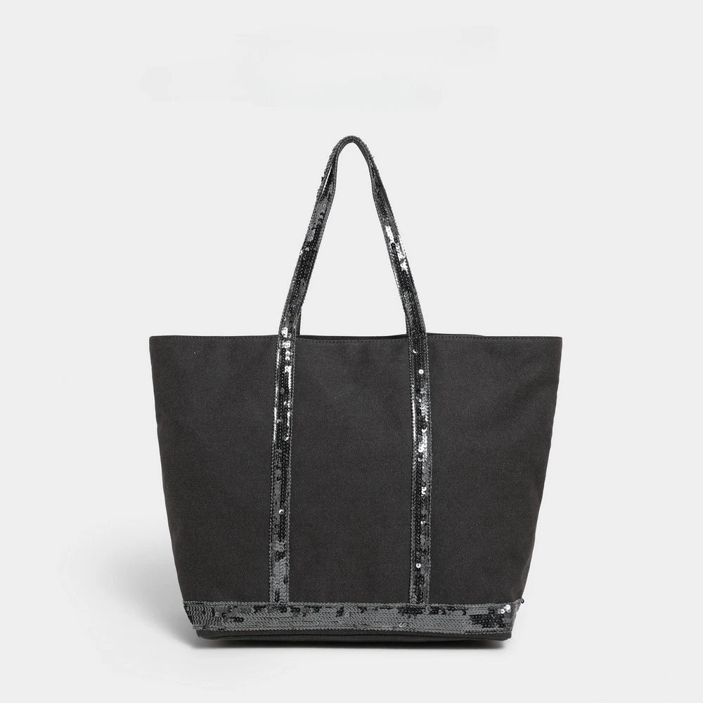French Sequined Tote Bag Women Luxury Large Bucket Vintage Casual Woven Commuter Canvas Shopper