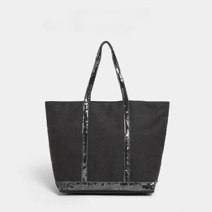 French Sequined Tote Bag Women Luxury Large Bucket Vintage Casual Woven Commuter Canvas Shopper