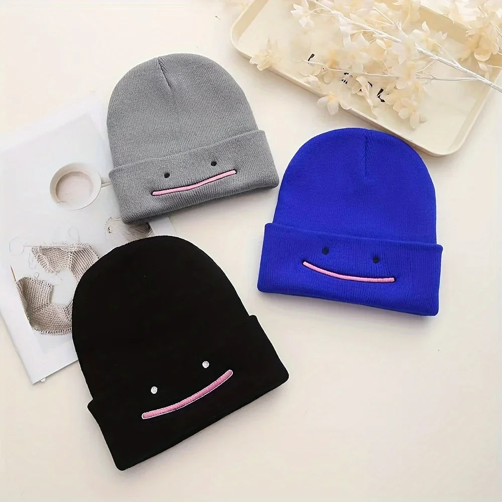 Embroidered Smile Knit Beanie – Stretchy Winter Hat